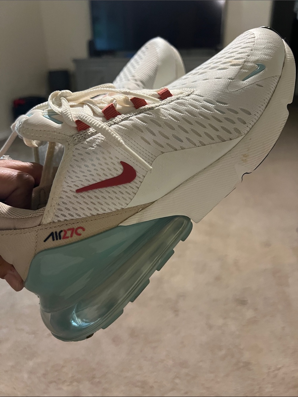 Nike Women’s White Sneakers with Teal Air Unit and Red Swoosh